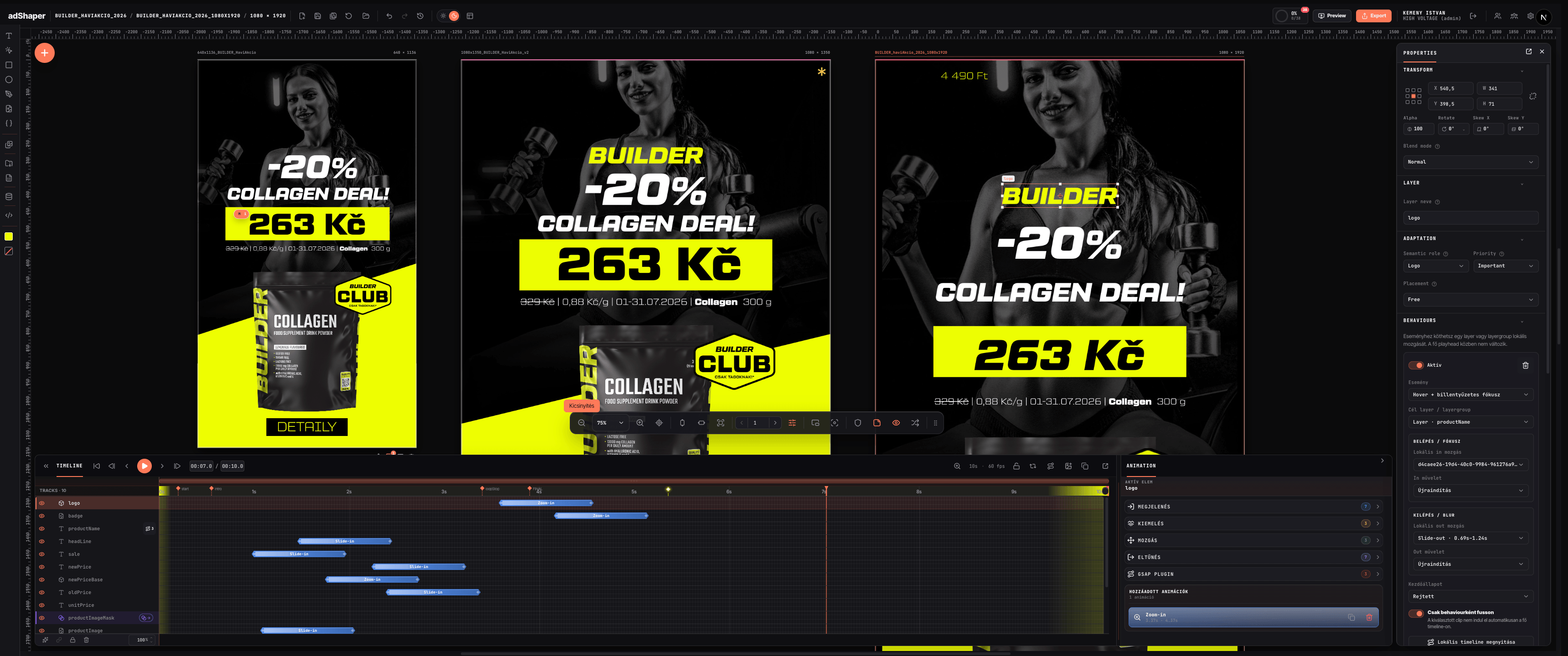 adShaper campaign editor showing multiple banner formats, the timeline and the properties panel
