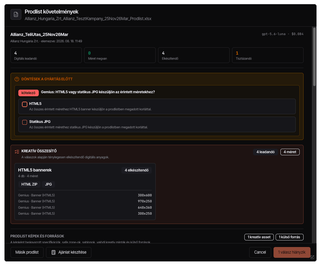 adShaper production-list analysis with deliverable and format requirements